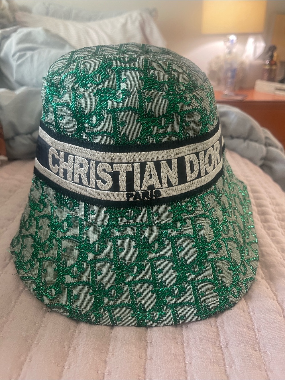 Christian Dior metallic green bucket, hat, size medium